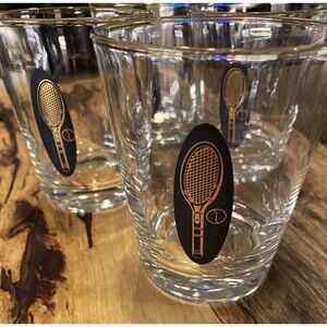 Vintage Rocks Glasses Tennis Racket Black and Gold 4pc. Cocktail Barware 8 oz